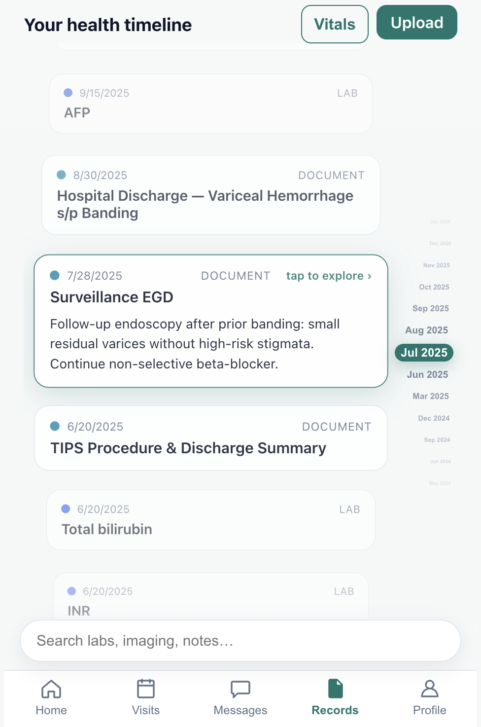 Timeline showing uploaded documents like a hospital discharge and procedure summary