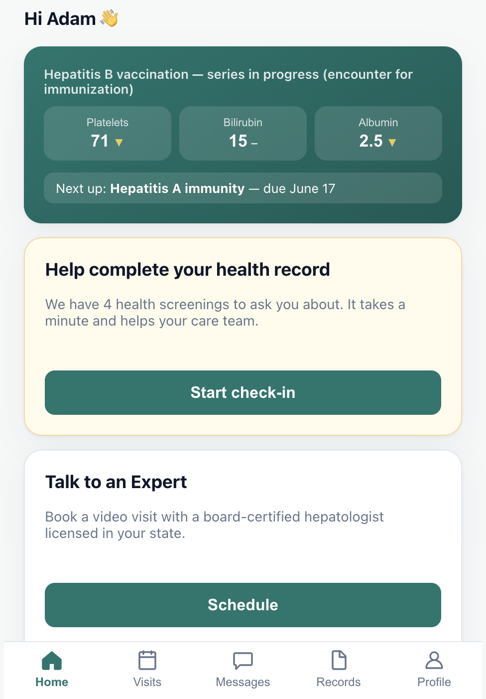 LiverCured app home screen showing liver labs and an option to talk to a hepatologist