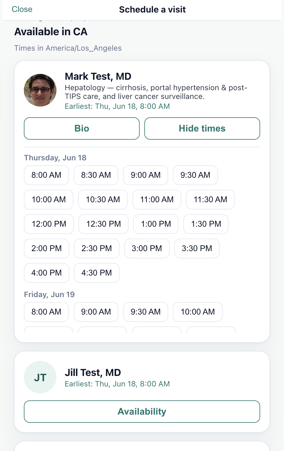 Schedule a visit screen showing hepatologist availability